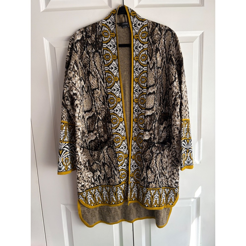 Vertigo Snakeskin Duster Cardigan Open Front Sweater Mustard Wool Blend Large